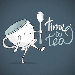 喝下午茶的时间.白色卡通碗下去裂孔.快乐的性格.矢量漫画插画照片