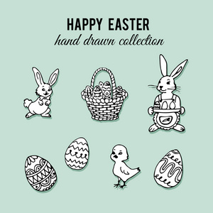 复活节快乐设置。手绘复活节元素图。复活节兔子和鸡蛋