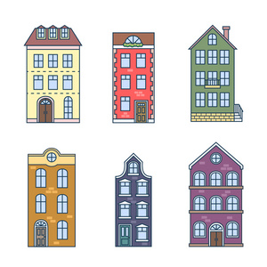 住宅房屋中趋势线的平面样式的图标。向量集的荷兰风格的房子