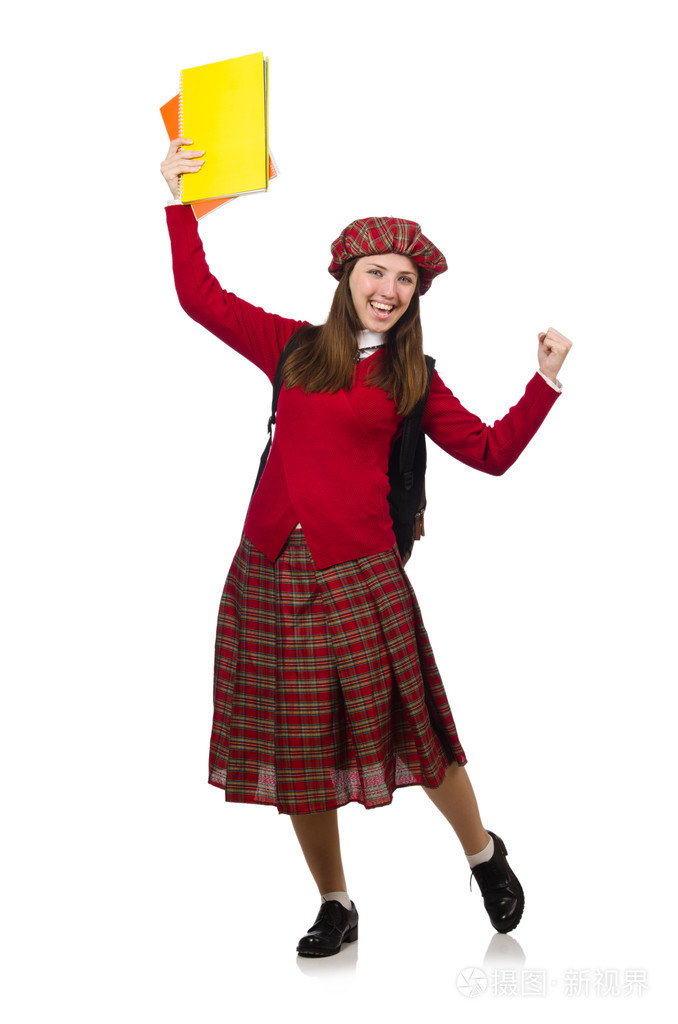 苏格兰格子服饰上白色孤立的女孩