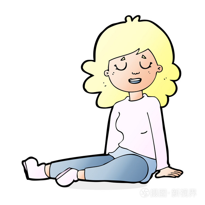 卡通幸福的女人坐在地板上