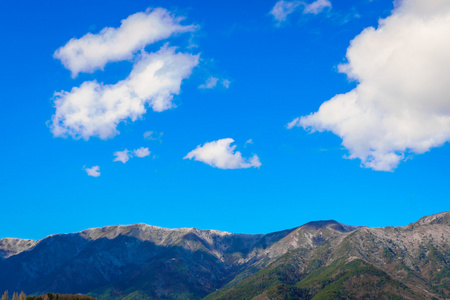 美丽风景秀丽的日本山下，蓝蓝的天空