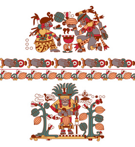 阿兹台克模式可可树 玛雅人 可可豆和装饰博