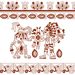 阿兹台克人的可可豆，叶子，笔尖，棕褐色与装饰图案
