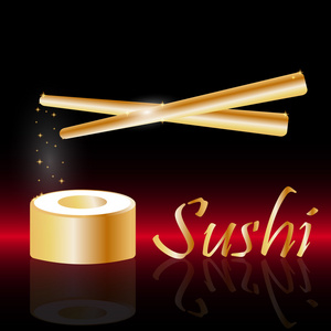 金寿司和金筷子。 黄金寿司卷。 苏斯的设计