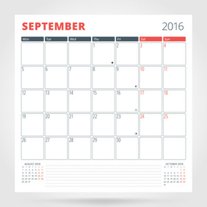 2016年日历规划师。 九月。 设计印刷模板