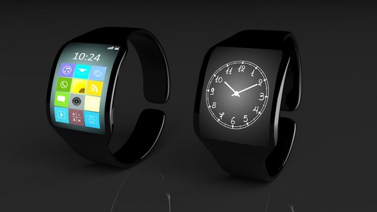 两个 smartwatches 的应用程序与在屏幕上，黑色的背景上孤立的时钟