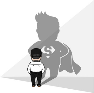 业务人超级影子商人与英雄影子的概念卡通老派男人和英雄的影子小孩有