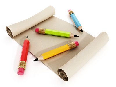 多彩色铅笔站在卷纸上
