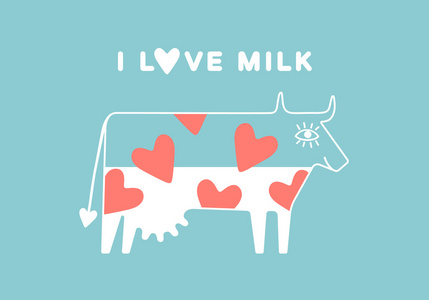 快乐牛用乳房和红色的心装满了牛奶