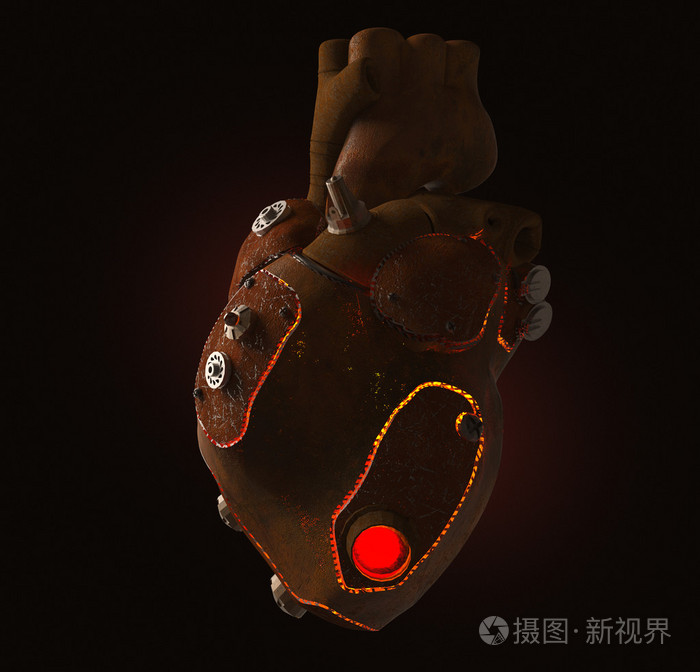 生锈的蒸汽朋克金属技术人类心燃烧得从里面孤立