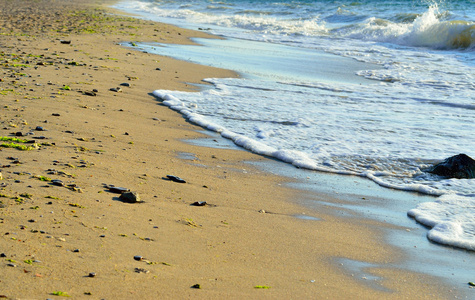 海浪冲刷着沙滩蓝天的衬托