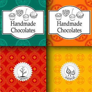 矢量手工巧克力包装模板和设计元素的糖果店纸板与标志 徽标和无缝模式