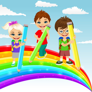 三个小孩画彩虹