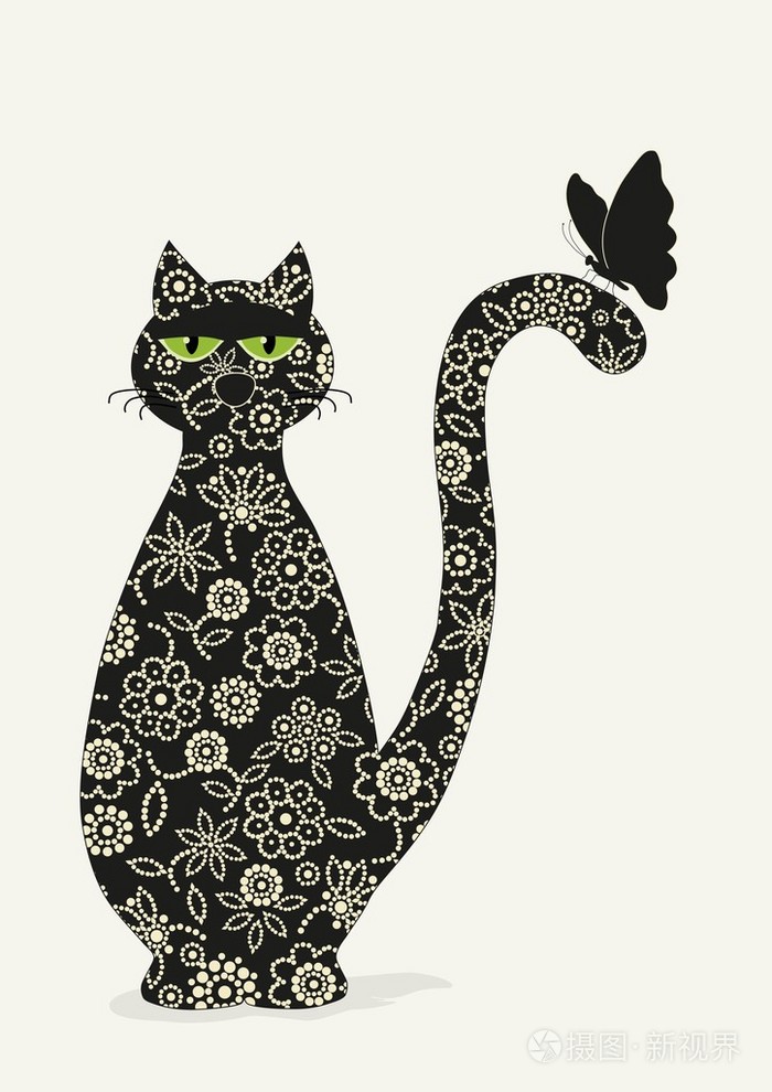 装饰风格化的猫和蝴蝶插画-正版商用图片1mla5v-摄图新视界
