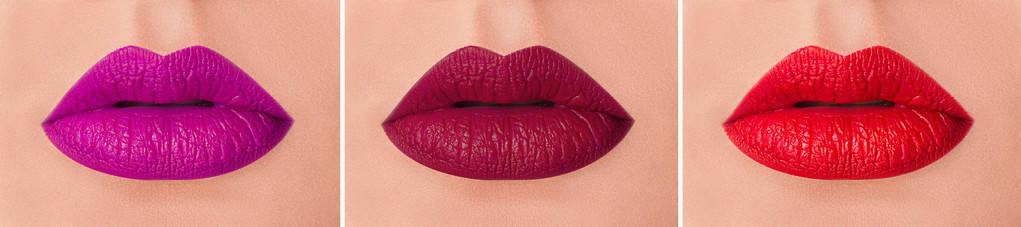 性感的嘴唇。美红嘴唇化妆细节。美丽妆容特写。感性的张开嘴。唇膏或唇彩。吻