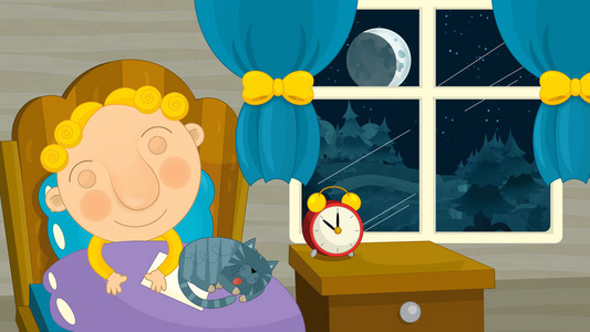 床头故事卡通儿童睡在他房间里照片