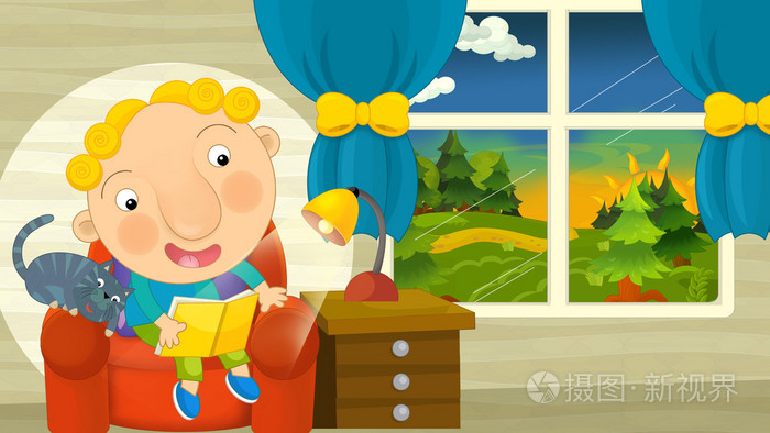 坐在客厅里的卡通男孩