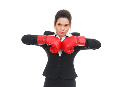 亚洲业务女人用拳击手套上白色高建群孤立