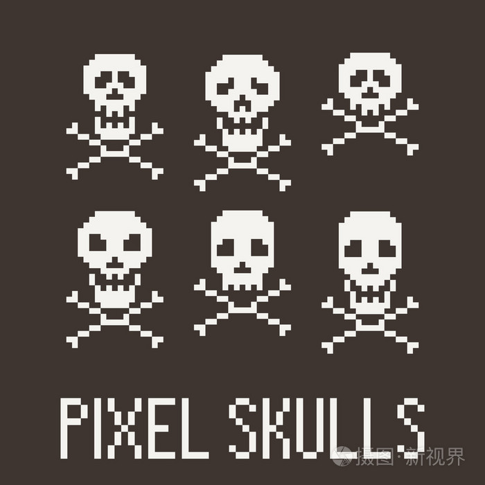 六个像素头骨和十字骨的集合矢量