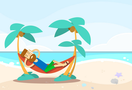 休闲男子躺在吊床海景海滩度假