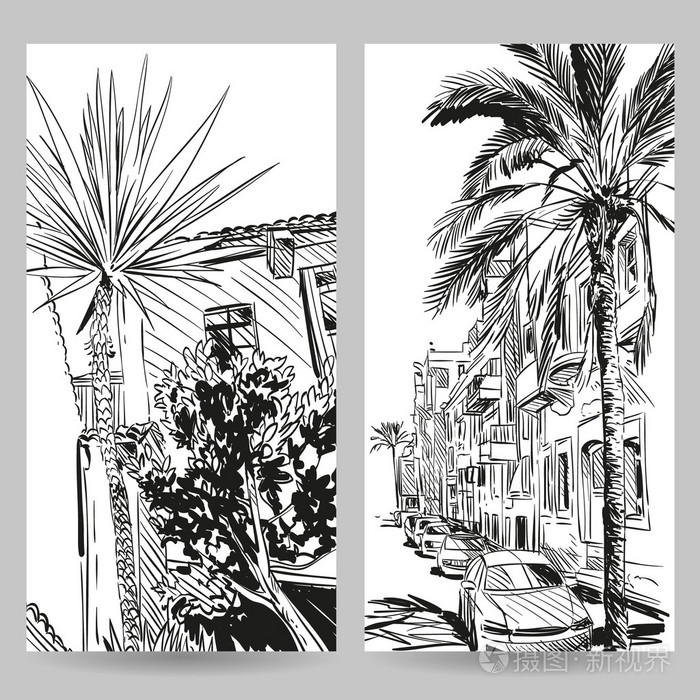 插画 城市 度假村手绘草图,横幅元素设计.矢量图.eps