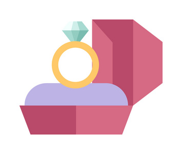 矢量婚戒在一个美丽的粉红色盒子平面设计。