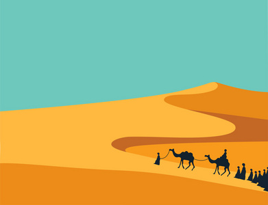 群与骆驼商队骑在现实全沙漠呀，在中东地区的人。可编辑矢量图