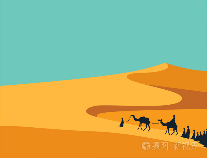 摄图新视界 插画 动物 群与骆驼商队骑在现实全沙漠的流水呀,在中东