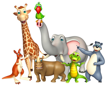 集合在丛林中的有趣动物卡通集合农场动物集合滑稽的车辆和动物的集合