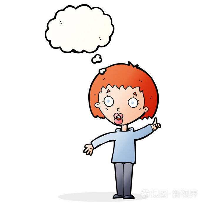 卡通女人解释她的观点与思想泡泡