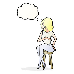 卡通女人坐在酒吧的高脚凳上与思想泡泡