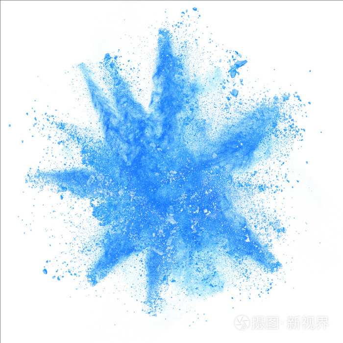 爆炸的白色背景上的蓝色粉末
