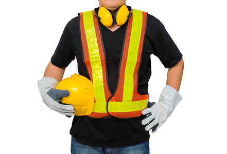 男性的建筑工人的标准建筑安全装备