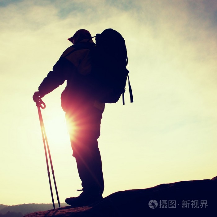 者登山杆站在山山顶岩石上小松树盆景树生长在岩石春天阳光灿烂的日子
