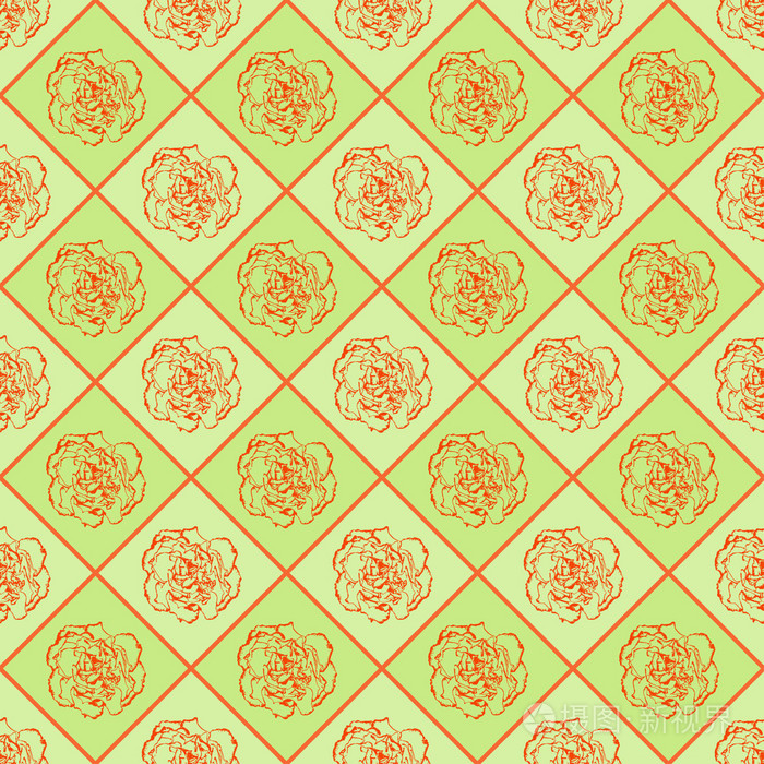 绿色和橙色矢量无缝棋风格复古纹理与丁香花。矢量图