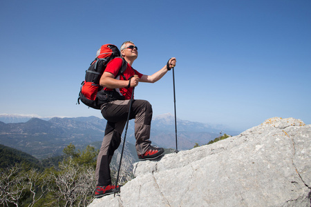 站在山与谷在背景上的徒步旅行者