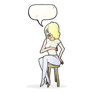 卡通女人坐在酒吧的高脚凳上与讲话泡泡