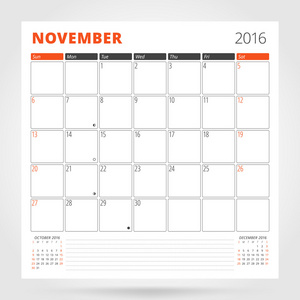 2016年日历规划师。 十一月。 设计印刷模板