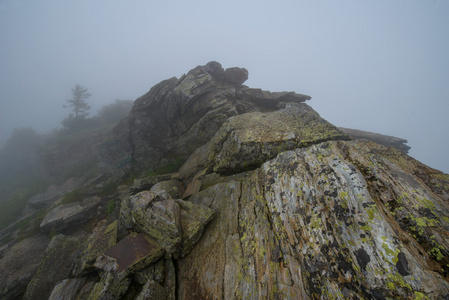 有雾的早晨，在南部乌拉尔山，岭 Urenga