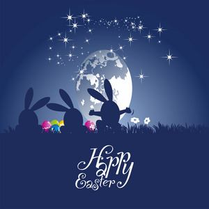 复活节兔子舞月亮蛋的蓝色背景