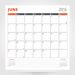 2016年日历规划师。 六月。 设计印刷模板