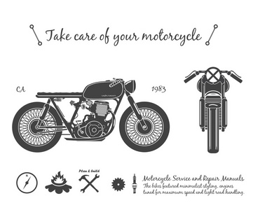 老式摩托车信息图表。咖啡厅赛车主题