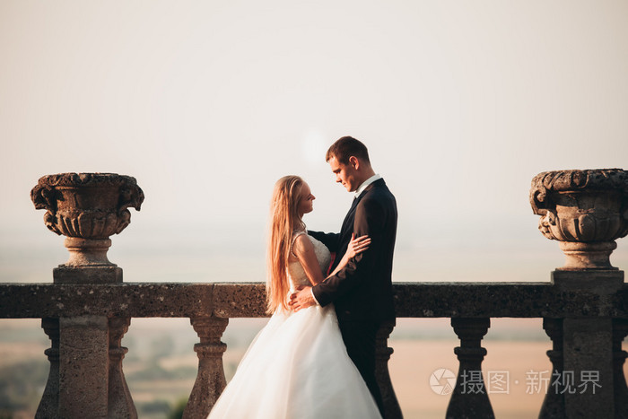 美丽浪漫新婚夫妇的新婚夫妇拥抱在旧城堡附近