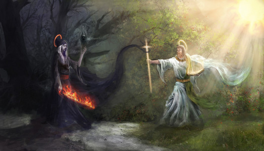 邪恶 vs 好,耶稣和路西法照片