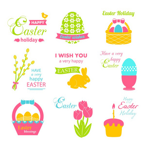 复活节设置兔子篮子，鸡蛋，丝带，女人，柳树，复活节