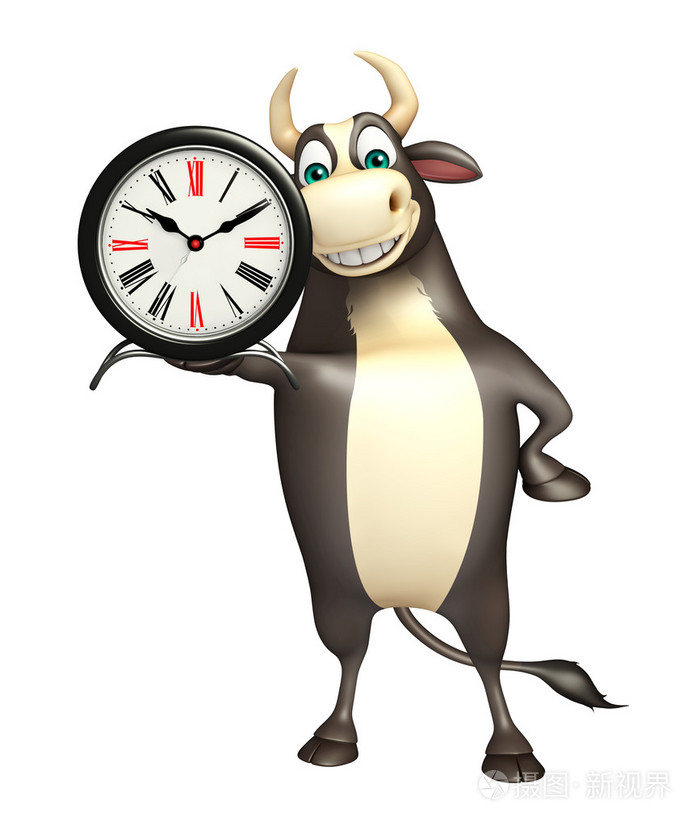 公牛的卡通人物与时钟
