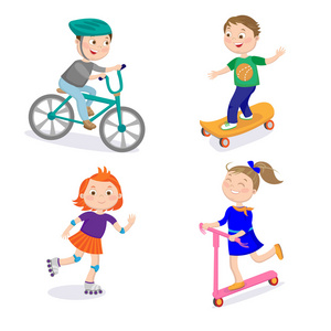孩子们体育角色。 自行车赛滑板骑在r上