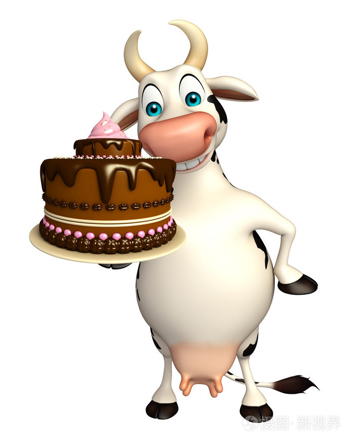 有趣的牛卡通人物与蛋糕