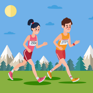 马拉松选手。 男人和女人在树林和山台奔跑